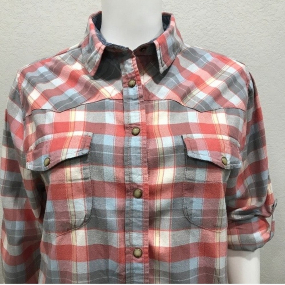 JACHS Girlfriend Plaid Flannel BEA Western Shirt Snap Wrist and Front Blue Pink - Picture 5 of 13